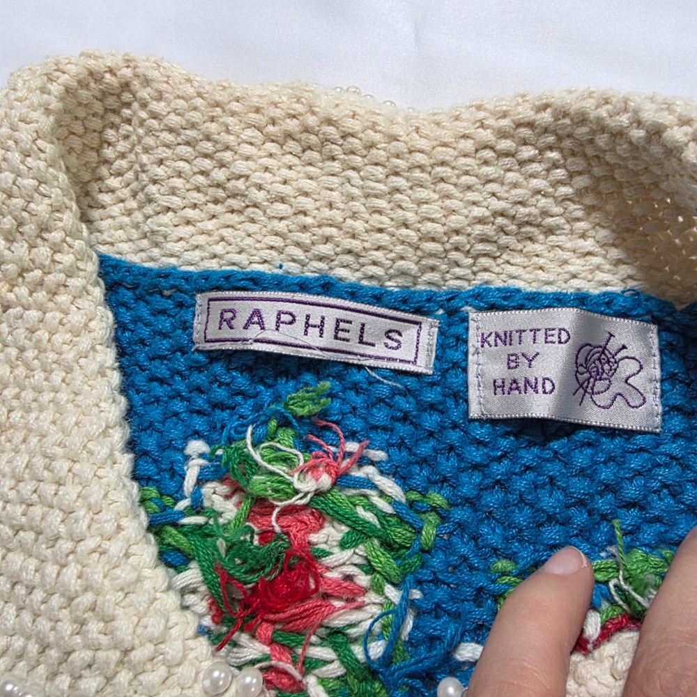 Raphels Vintage Hand Knitted Angel Cardigan Sweater Blue Pink Floral Cottagecore - Picture 2 of 5
